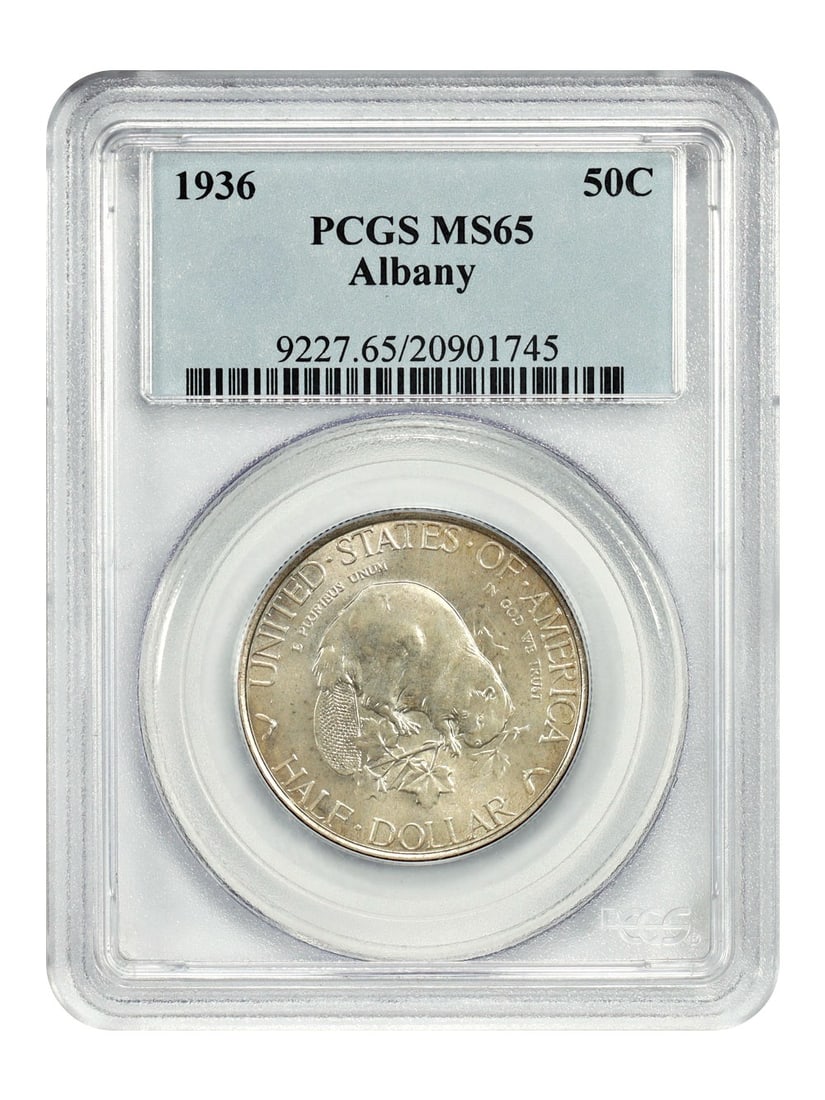 1936 Albany Half Dollar MS65 PCGS Graded Silver Commemorative Coin: 1936 Albany Half Dollar MS65 PCGS Graded Silver Commemorative Coin This 1936 Albany 50-cent piece is a classic silver commemorative coin graded MS65 by PCGS. It was struck in Philadelphia to honor the