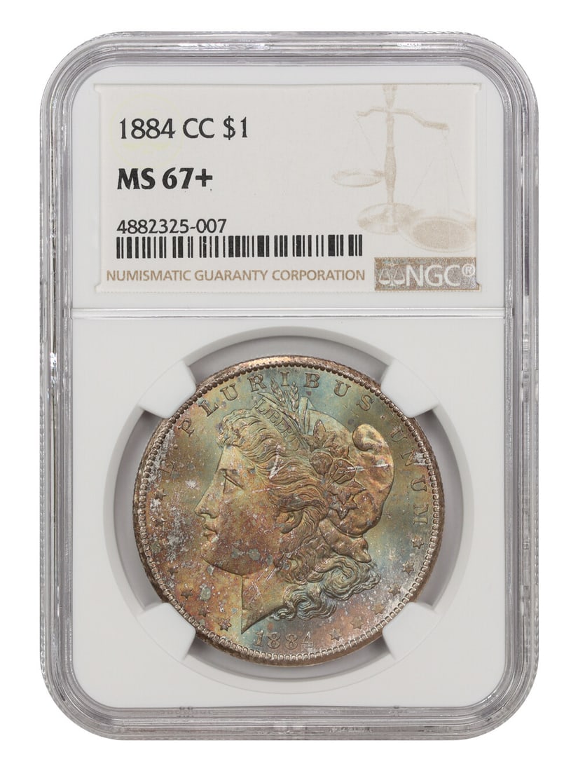 1884-CC Morgan Dollar NGC MS67+ Uncirculated Carson City Coin: 1884-CC Morgan Dollar NGC MS67+ Uncirculated Carson City Coin This 1884-CC Morgan Dollar, graded NGC MS67+, is a stunning uncirculated piece with impressive color and luster. The coin features mint ba