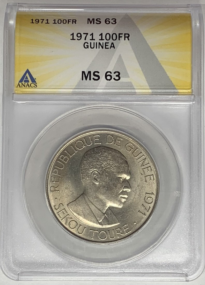Guinea 1971 100 Francs ANACS MS 63 Certified Coin: Guinea 1971 100 Francs ANACS MS 63 Certified Coin This is a 1971 100 Francs coin from Guinea, graded MS 63 by ANACS. The coin was circulated in Equatorial Guinea and is in pre-owned condition. Specifi