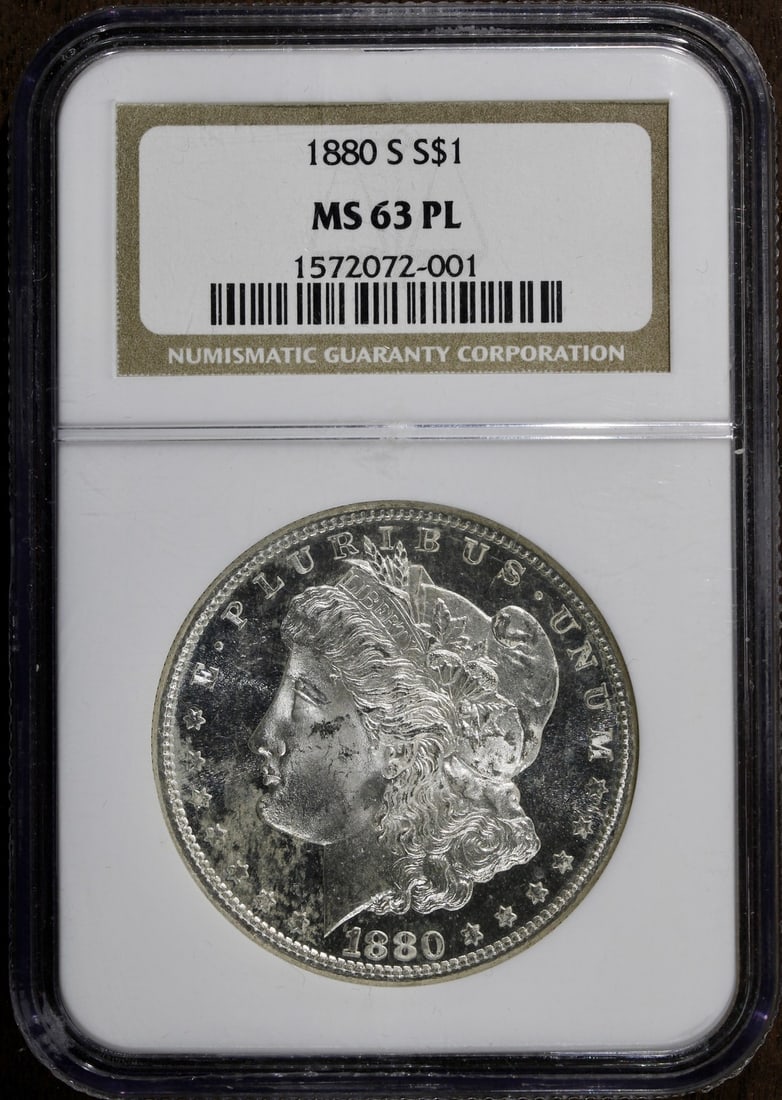 1880-S Morgan Silver Dollar MS63 Proof-Like NGC Certified: 1880-S Morgan Silver Dollar MS63 Proof-Like NGC Certified This stunning 1880-S Morgan Silver Dollar is in uncirculated condition and features beautiful mirrors that enhance its visual appeal. Struck i
