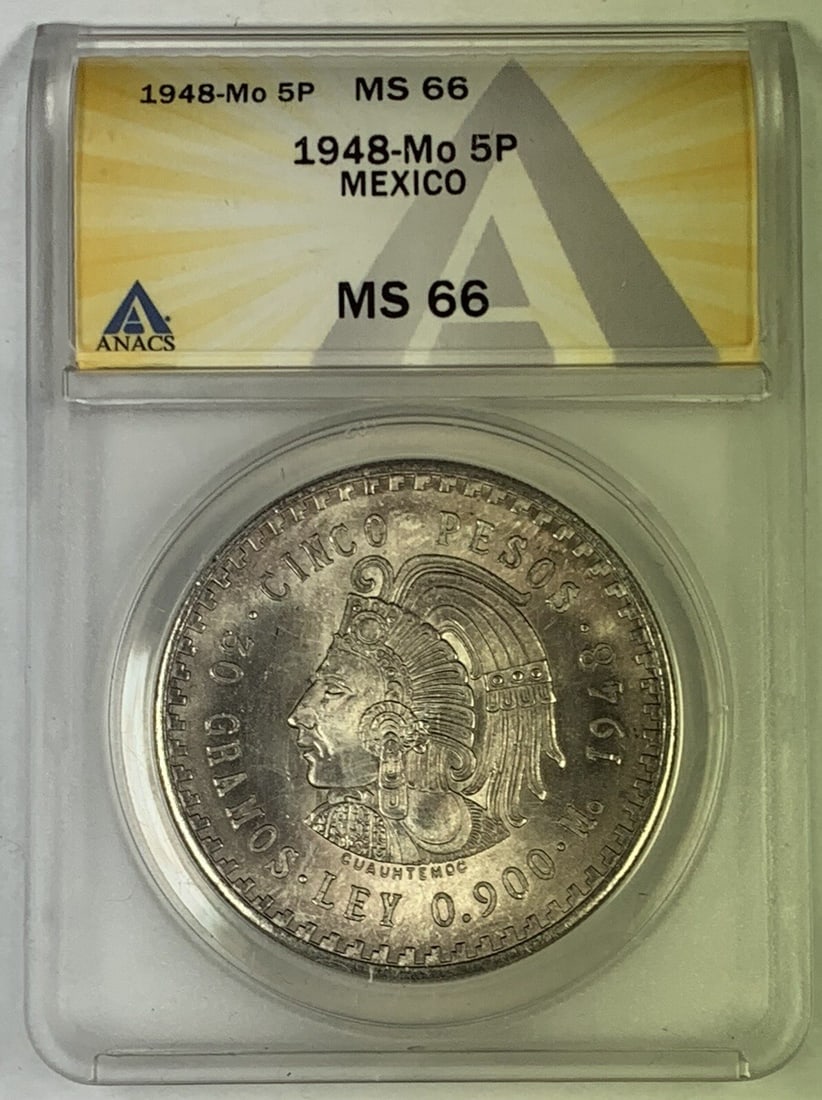 Uncirculated 1948 Mexico 5 Pesos Silver Coin ANACS MS 66: Uncirculated 1948 Mexico 5 Pesos Silver Coin ANACS MS 66 This is a 1948-Mo 5 Peso coin from Mexico, graded MS 66 by ANACS. The coin is uncirculated and composed of silver, representing the Mexico (190