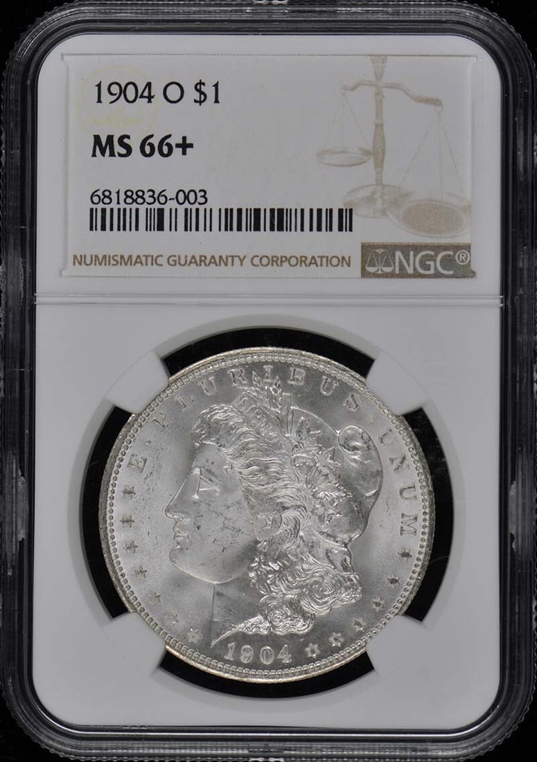 1904-O NGC MS66+ Uncirculated Morgan Dollar Coin: 1904-O NGC MS66+ Uncirculated Morgan Dollar Coin This stunning 1904-O Morgan Dollar features exceptional details and has been graded MS66+ by NGC, indicating its uncirculated condition. Minted in New