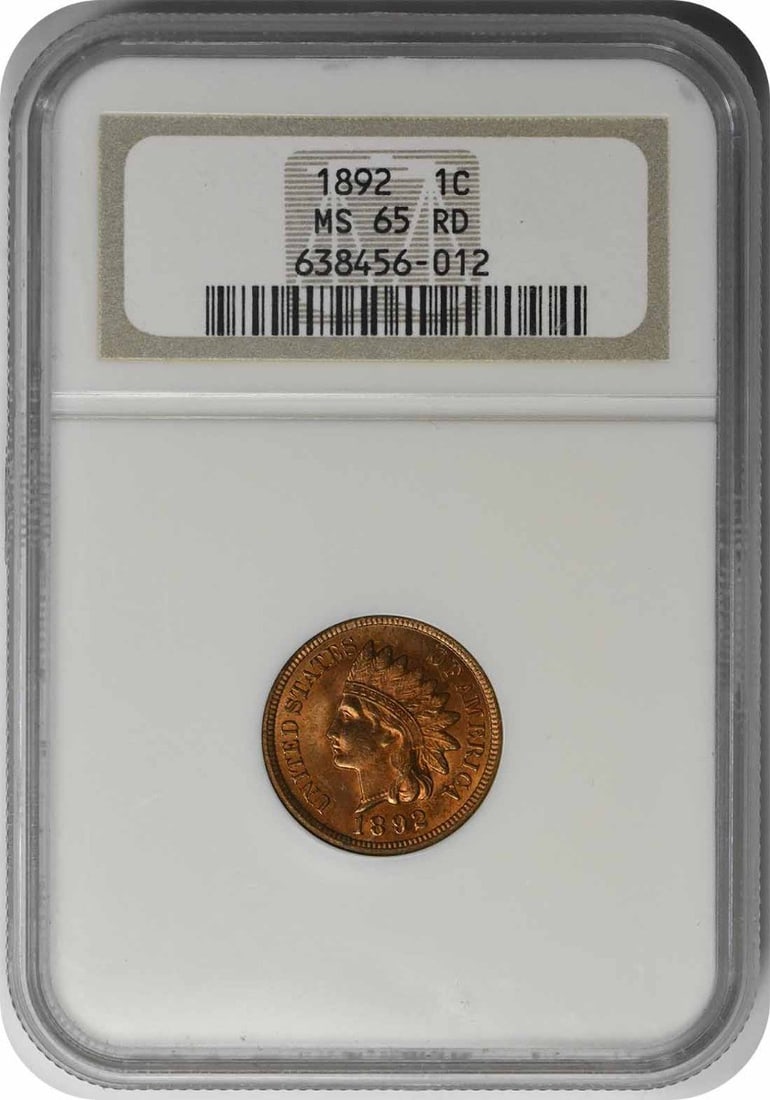 1892 Indian Head Small Cent Copper Coin NGC MS65RD: 1892 Indian Head Small Cent Copper Coin NGC MS65RD This is an 1892 Indian Head Cent graded MS65RD by NGC. The coin is uncirculated and composed of copper. It was issued in the United States, has no mi