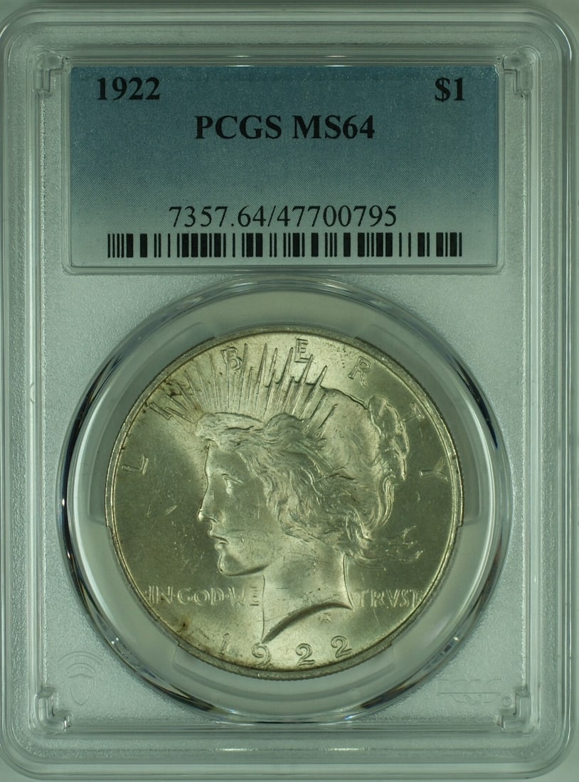 PCGS MS64 1922 Peace Silver Dollar Coin with Toning: PCGS MS64 1922 Peace Silver Dollar Coin with Toning This is a 1922 Peace Silver $1 Dollar Coin featuring attractive toning. The coin is composed of silver, has a denomination of $1, and is from the Un
