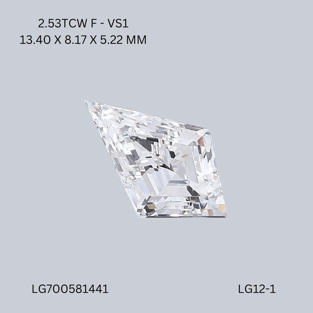 Loose Diamond - KITE 2.53ct F VS1: Loose Diamond - KITE 2.53ct F VS1 Source: This is a real non-mined Diamond that has been grown in a lab Shape: KITE Carats: 2.53 Color: F Clarity: VS1 Certification: IGI Video: