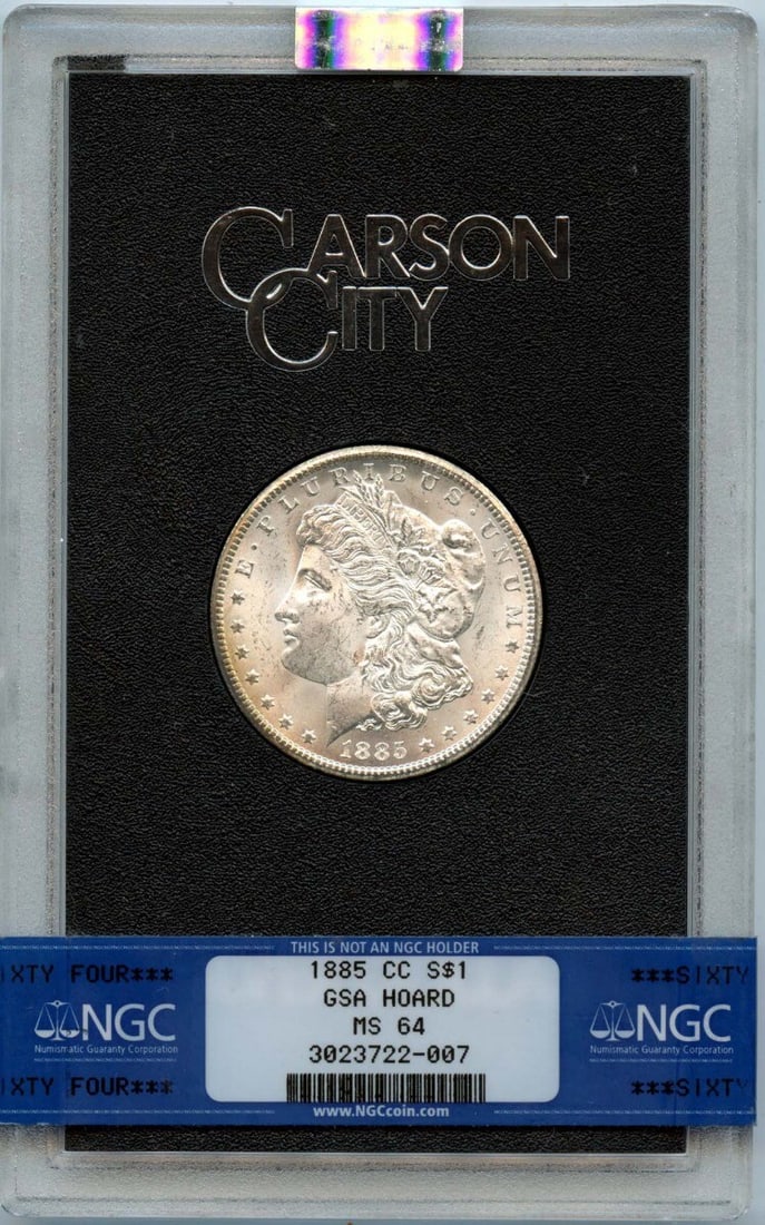 1885-CC Morgan Dollar NGC MS64 GSA Hoard Carson City: 1885-CC Morgan Dollar NGC MS64 GSA Hoard Carson City This 1885-CC Morgan Dollar is a stunning piece from the GSA hoard, certified by NGC with a grade of MS64, indicating its uncirculated condition. Mi