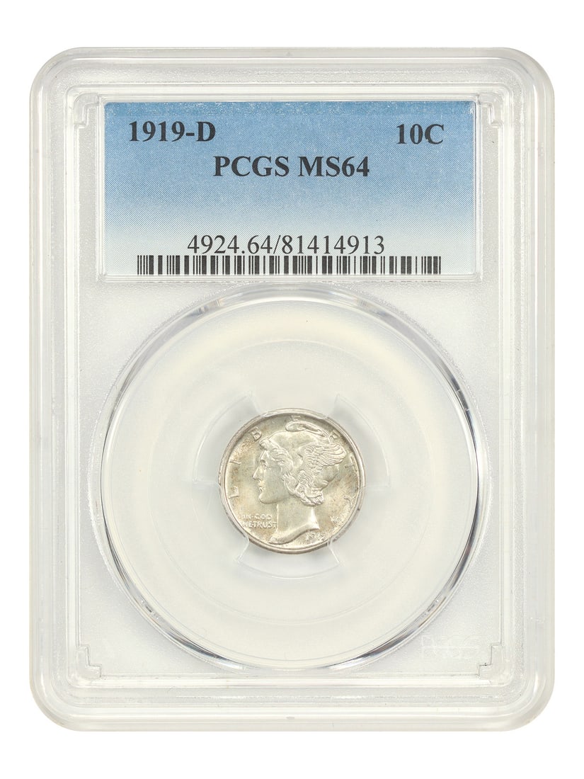 1919 Denver Mercury Dime PCGS MS64 Certified 10 Cent Coin: 1919 Denver Mercury Dime PCGS MS64 Certified 10 Cent Coin This 1919-D Mercury Dime is certified by PCGS with a grade of MS64, indicating an uncirculated coin with minimal marks. Struck at the Denver M