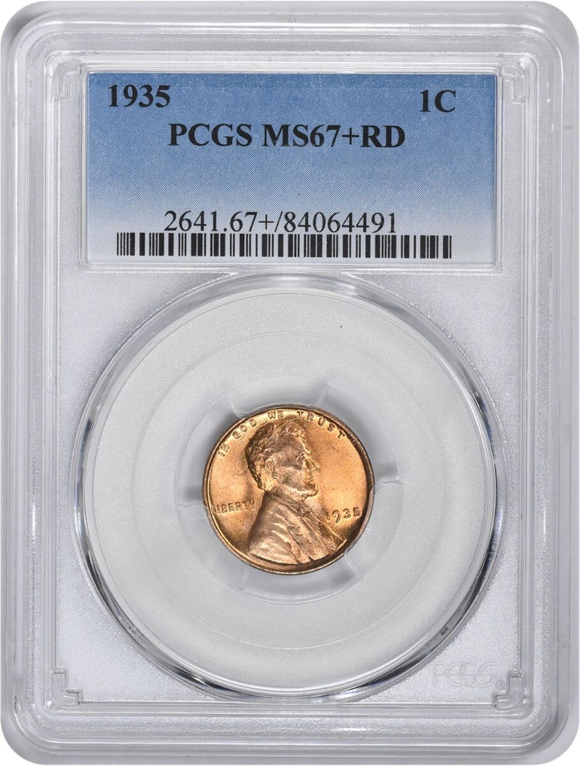 1935 Lincoln Wheat Cent MS67+RD PCGS Uncirculated 19mm: 1935 Lincoln Wheat Cent MS67+RD PCGS Uncirculated 19mm This 1935 Lincoln Cent, graded MS67+RD by PCGS, is an uncirculated coin showcasing exceptional quality. Struck in Philadelphia, this small cent f