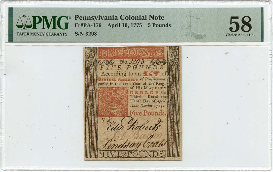 1775 Pennsylvania Colonial Note 5 Pds PMG AU58 FR#PA-176 (1 of 2)