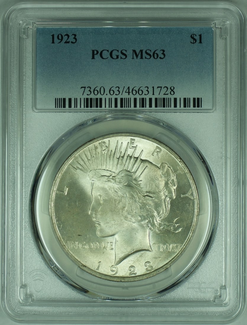 PCGS MS-63 1923 Peace Dollar Silver Coin Uncirculated Philadelphia Mint: PCGS MS-63 1923 Peace Dollar Silver Coin Uncirculated Philadelphia Mint This 1923 Peace Silver Dollar is a $1 coin minted in Philadelphia. It is composed of 0.9 fine silver and has been certified by P