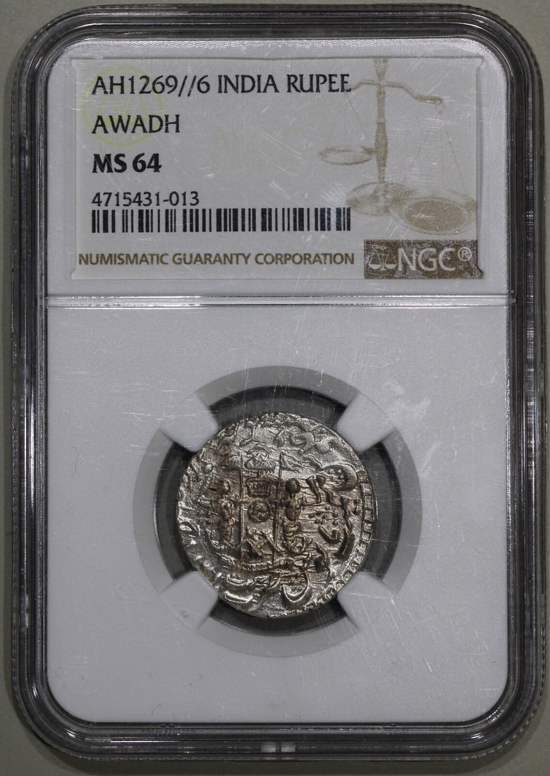India Awadh AH1269 Silver Rupee Coin NGC MS 64 Wajid Ali: India Awadh AH1269 Silver Rupee Coin NGC MS 64 Wajid Ali This exquisite India Silver Rupee from the Awadh region, dated AH1269, is a notable piece of historical significance. It is graded as MS 64 by