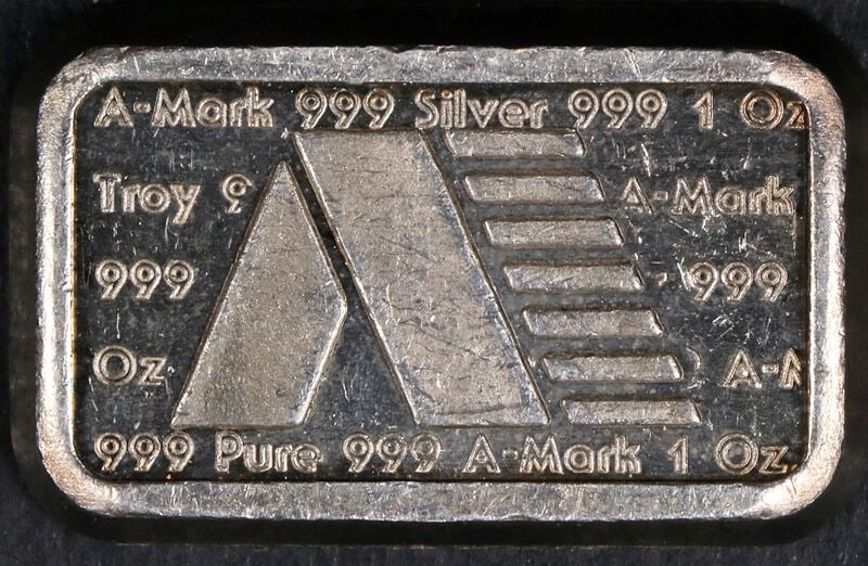1 oz 1981 Silver Bar USVI A-Mark 999 Fine Ingot: 1 oz 1981 Silver Bar USVI A-Mark 999 Fine Ingot This is a 1981 USVI A-Mark Silver Ingot featuring a composition of 0.999 fine silver. The ingot weighs 1 ounce and is a popular collectible silver bar f