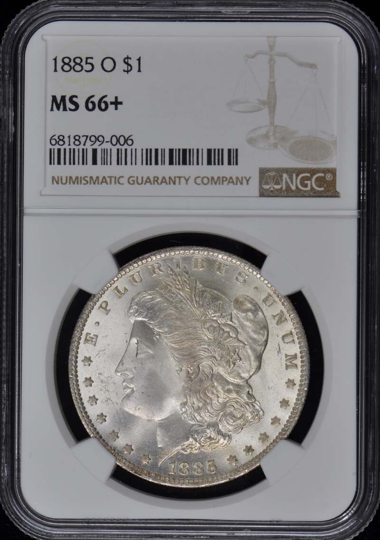 1885-O NGC MS66+ Uncirculated Morgan Dollar New Orleans Mint: 1885-O NGC MS66+ Uncirculated Morgan Dollar New Orleans Mint This 1885-O Morgan Dollar, graded MS66+, showcases exceptional quality and detail. Struck in New Orleans, this coin is part of the renowned