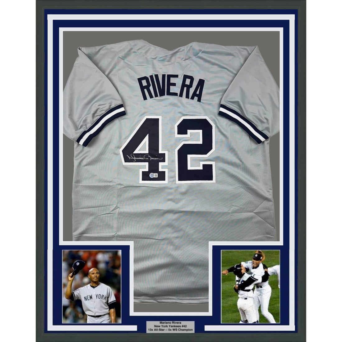 Framed Signed Mariano Rivera New York Yankees Jersey with JSA COA: Framed Signed Mariano Rivera New York Yankees Jersey with JSA COA This stunning framed display features an autographed Mariano Rivera New York Yankees grey jersey, measuring 35x39 inches. The item sho