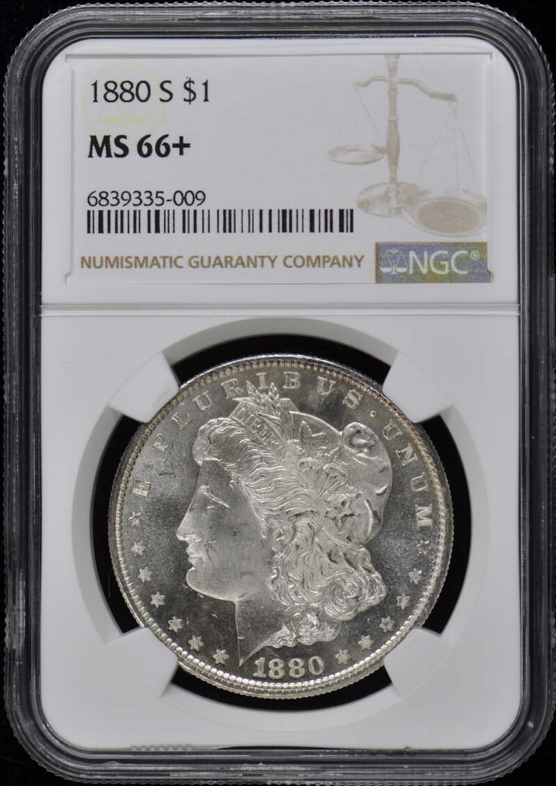 1880-S Morgan Dollar NGC MS66+ Uncirculated Coin: 1880-S Morgan Dollar NGC MS66+ Uncirculated Coin This 1880-S Morgan Dollar is a stunning example of U.S. coinage, boasting a high grade of MS66+ from NGC, indicating its exceptional uncirculated condi