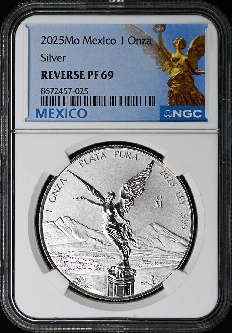 2025 Silver Libertad Mexico Reverse Proof NGC PF69 Limited Mintage of 1900: 2025 Silver Libertad Mexico Reverse Proof NGC PF69 Limited Mintage of 1900 This is a 2025 Mo Mexico Onza Silver Libertad coin, certified by NGC and graded Reverse Proof 69 (PR69). The coin is un-used