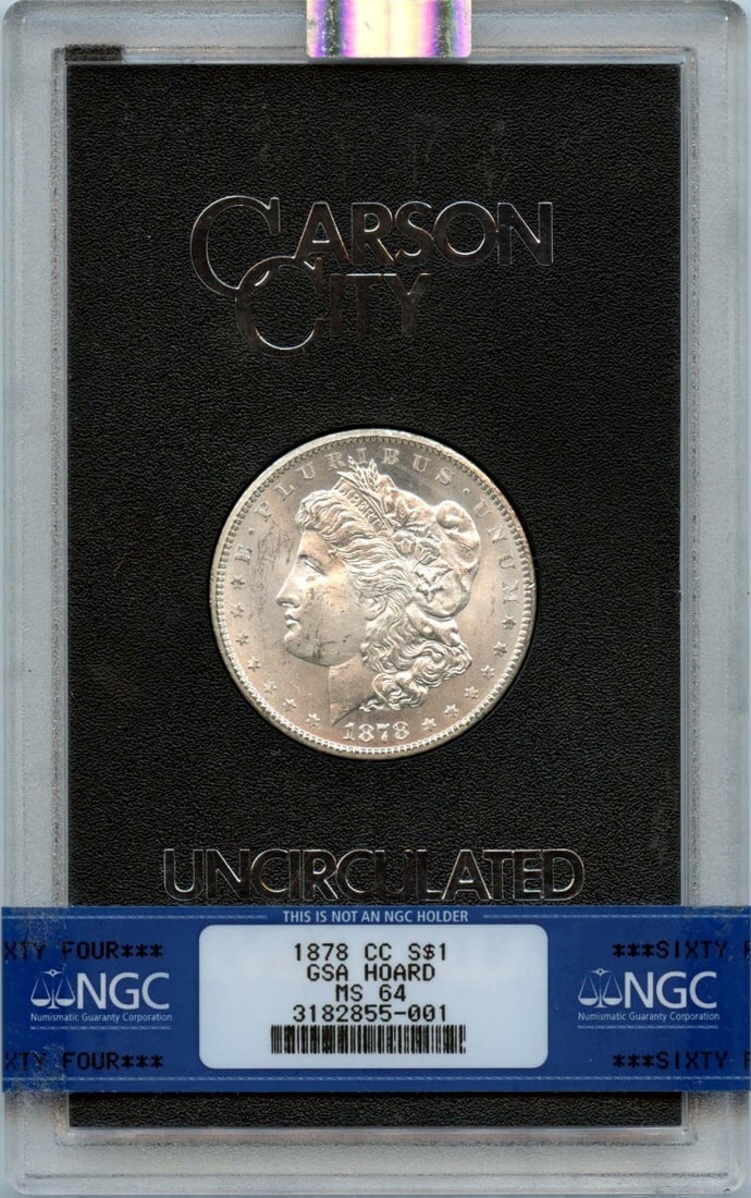 1878-CC Morgan Dollar NGC MS64 GSA Hoard Uncirculated: 1878-CC Morgan Dollar NGC MS64 GSA Hoard Uncirculated This 1878-CC Morgan Dollar is a striking addition to any collection, showcasing the legendary design by George T. Morgan. Graded MS64 by NGC, this