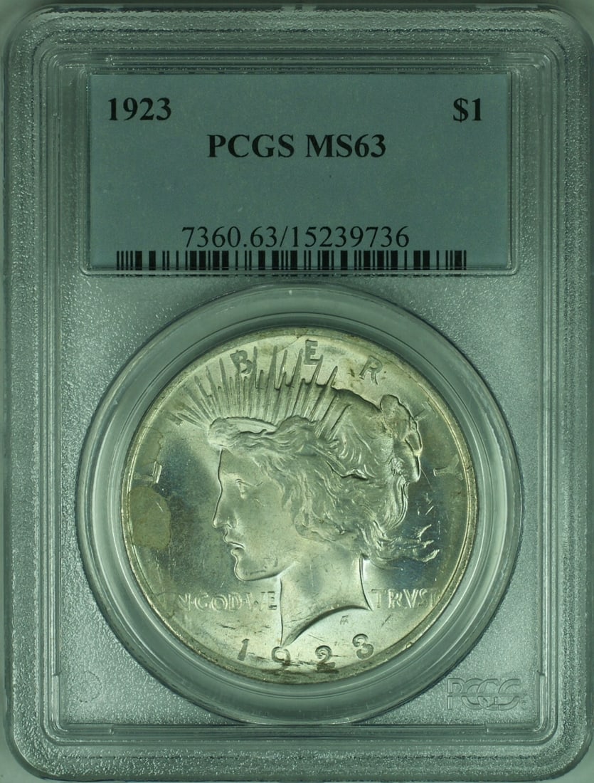 PCGS MS63 1923 Philadelphia Peace Dollar Silver Uncirculated $1 Coin: PCGS MS63 1923 Philadelphia Peace Dollar Silver Uncirculated $1 Coin This is a 1923 Peace Silver Dollar $1 coin from the United States, minted in Philadelphia. The coin is certified by PCGS with a gra
