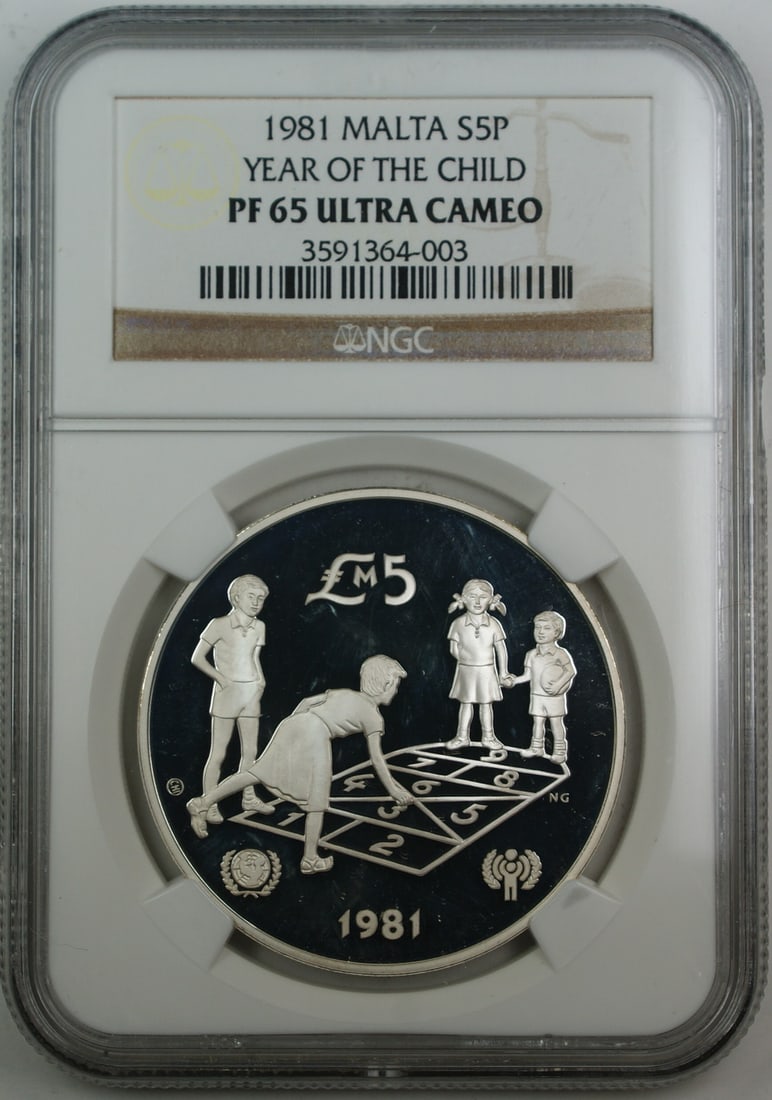 1981 Malta NGC PF 65 Silver 5 Liri Proof Coin Year of the Child: 1981 Malta NGC PF 65 Silver 5 Liri Proof Coin Year of the Child This 1981 Malta Proof 5 Liri silver coin commemorates the Year of the Child. Struck by the Valcambi Mint in Switzerland, it is composed