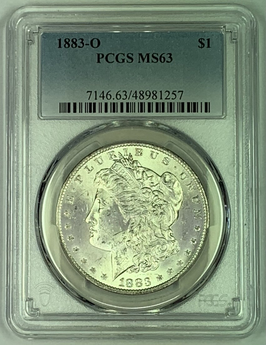 PCGS MS 63 1883-O Morgan Silver Dollar Coin Certified: PCGS MS 63 1883-O Morgan Silver Dollar Coin Certified This is an 1883-O Morgan Silver Dollar featuring the iconic Liberty Head design. The coin is composed of silver and is certified by PCGS with a gr