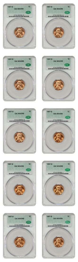 Lot of 10 1957-D 1C CACG MS65RD Lincoln Wheat Cents (1 of 2)