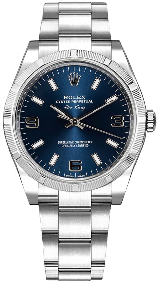 Men's Blue Dial Air-King Wristwatch Reference 114210 on Oyster Bracelet: Men's Blue Dial Air-King Wristwatch Reference 114210 on Oyster Bracelet This Rolex Air-King features a striking blue dial and an engine-turned bezel, paired with the classic Oyster bracelet. Designed