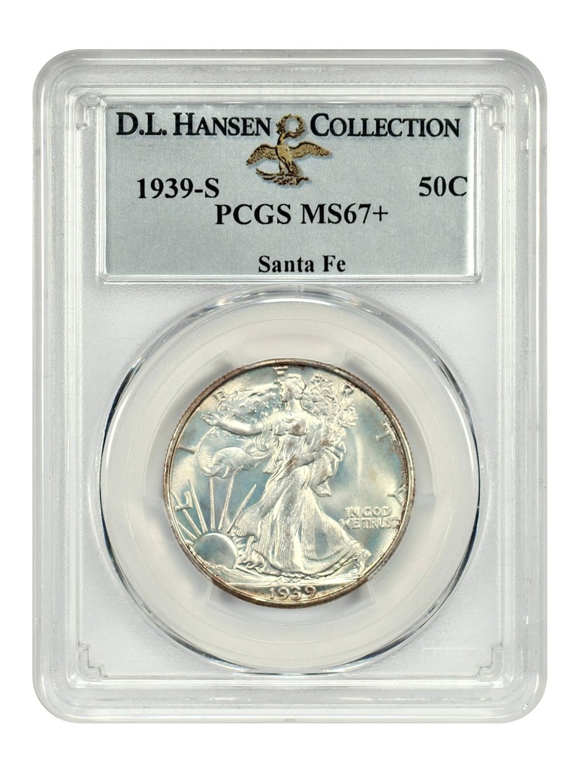PCGS MS67+ 1939-S Walking Liberty Half Dollar ex D.L. Hansen Santa Fe: PCGS MS67+ 1939-S Walking Liberty Half Dollar ex D.L. Hansen Santa Fe This 1939-S Walking Liberty Half Dollar is certified by PCGS as MS67+, indicating its uncirculated and near-pristine condition. Th