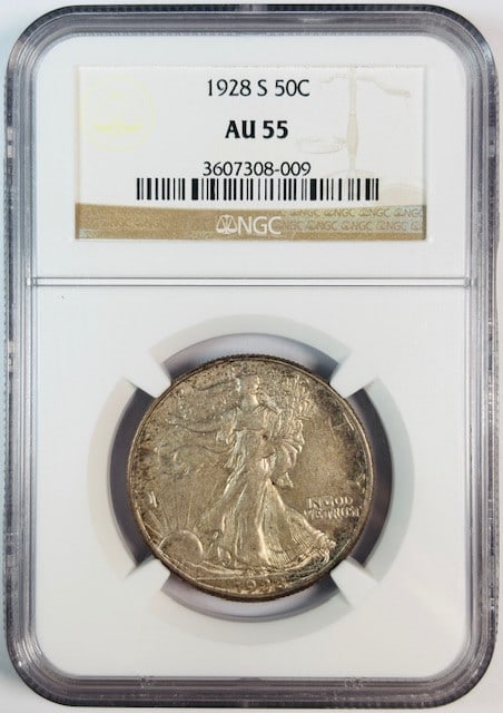 NGC AU 55 Silver 1928 San Francisco Walking Liberty Half Dollar: NGC AU 55 Silver 1928 San Francisco Walking Liberty Half Dollar This is a 1928 S Walking Liberty Half Dollar, certified by NGC with a grade of AU 55. Minted in San Francisco, this circulated coin is c