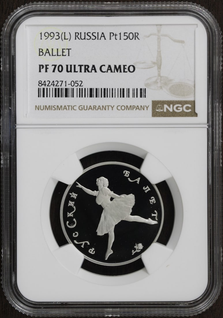 Russia 1993 NGC Certified 1/2 oz Platinum 150 Roubles Ballet Coin: Russia 1993 NGC Certified 1/2 oz Platinum 150 Roubles Ballet Coin This 1993 Russian 150 Roubles coin is struck from 1/2 oz of platinum with a fineness of 0.999. The coin is certified by NGC and featur