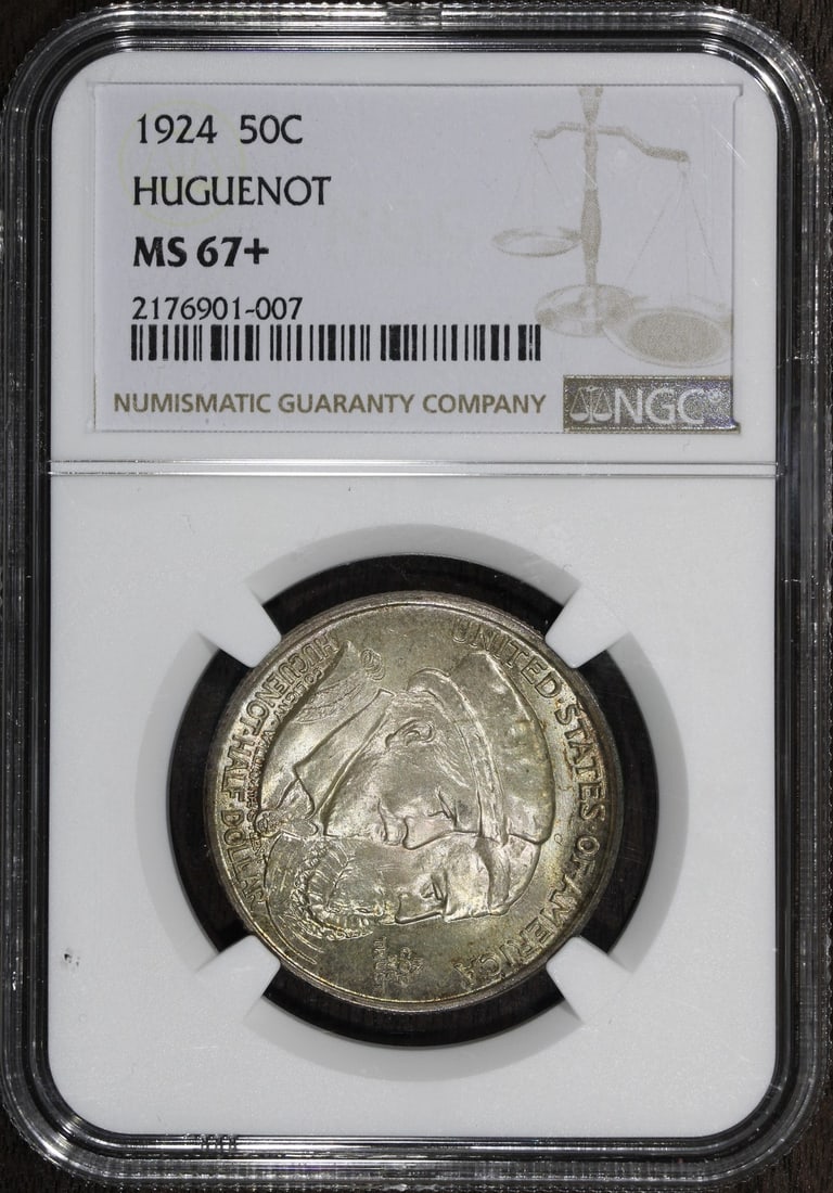 1924 Huguenot Commemorative Half Dollar MS67+ NGC Certified Gem: 1924 Huguenot Commemorative Half Dollar MS67+ NGC Certified Gem This 1924 Huguenot Commemorative Half Dollar is a stunning piece, graded MS67 by NGC, indicating its superb gem quality. This uncirculat