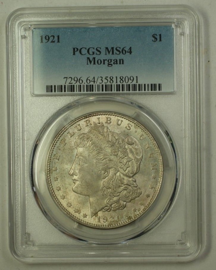 PCGS MS-64 1921 Morgan Dollar Silver Coin Philadelphia Mint: PCGS MS-64 1921 Morgan Dollar Silver Coin Philadelphia Mint This 1921 Morgan Silver Dollar is a $1 coin from the United States, certified by PCGS with a grade of MS 64. Struck at the Philadelphia Mint