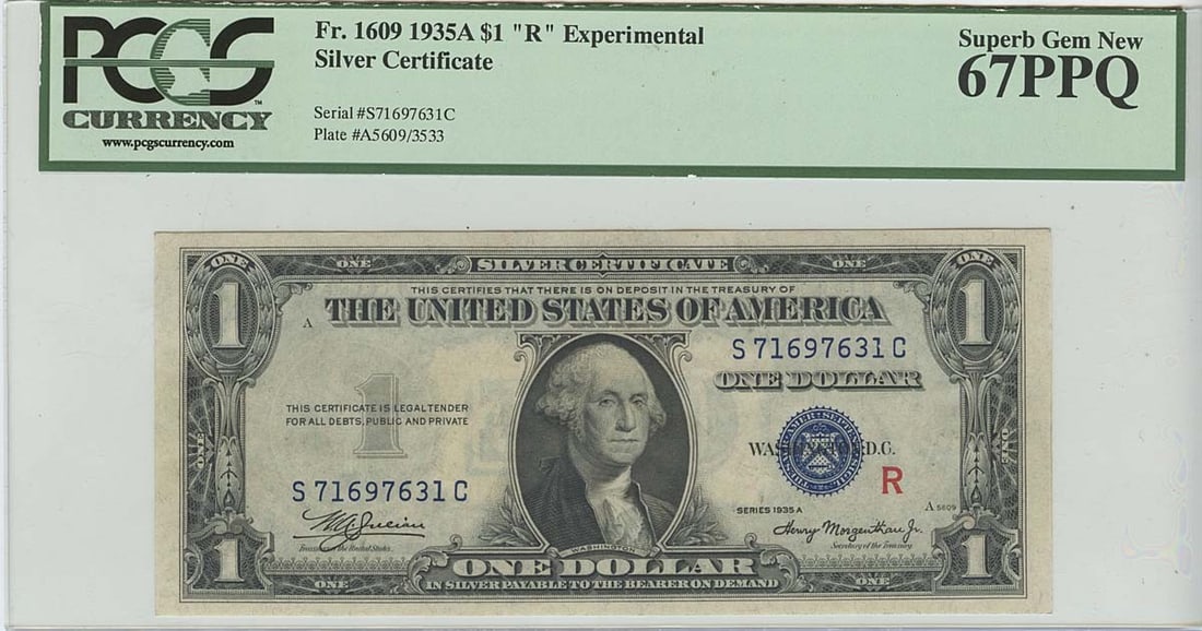 1935 A $1 R Experimental Silver Certificate FR 1609 PCGS MS67 PPQ: 1935 A $1 R Experimental Silver Certificate FR 1609 PCGS MS67 PPQ This 1935 A $1 "R" Experimental Silver Certificate is a rare collectible graded MS67 Superb Gem Uncirculated by PCGS Currency. The not
