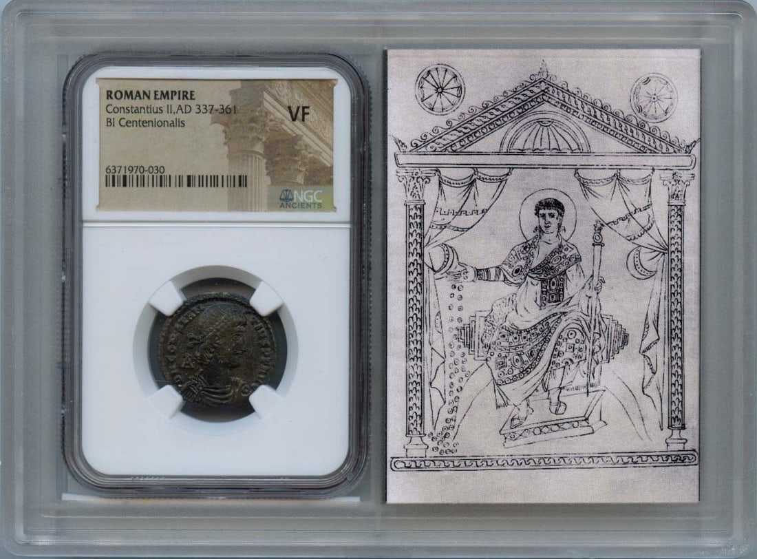 Constantius II Ancient Roman Coin Centenionalis NGC VF20: Constantius II Ancient Roman Coin Centenionalis NGC VF20 This ancient Roman coin features Constantius II, who reigned from AD 337 to 361. It is a Denarius, specifically a Centenionalis, and has been c