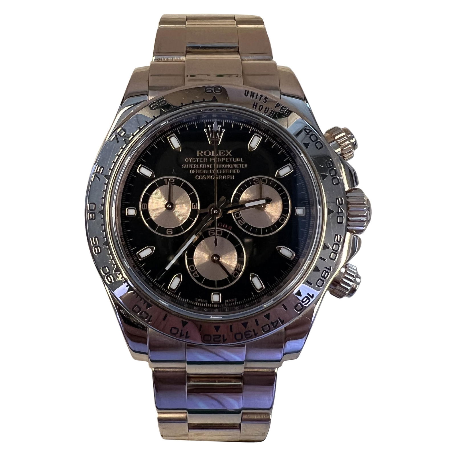 Rolex Daytona 116505 Rose Gold Black Dial Chronograph Box Papers: Rolex Daytona 116505 Rose Gold Black Dial Chronograph Box Papers Experience the elegance of the Rolex Cosmograph Daytona, a masterpiece of Swiss craftsmanship. This watch features a stunning round cas