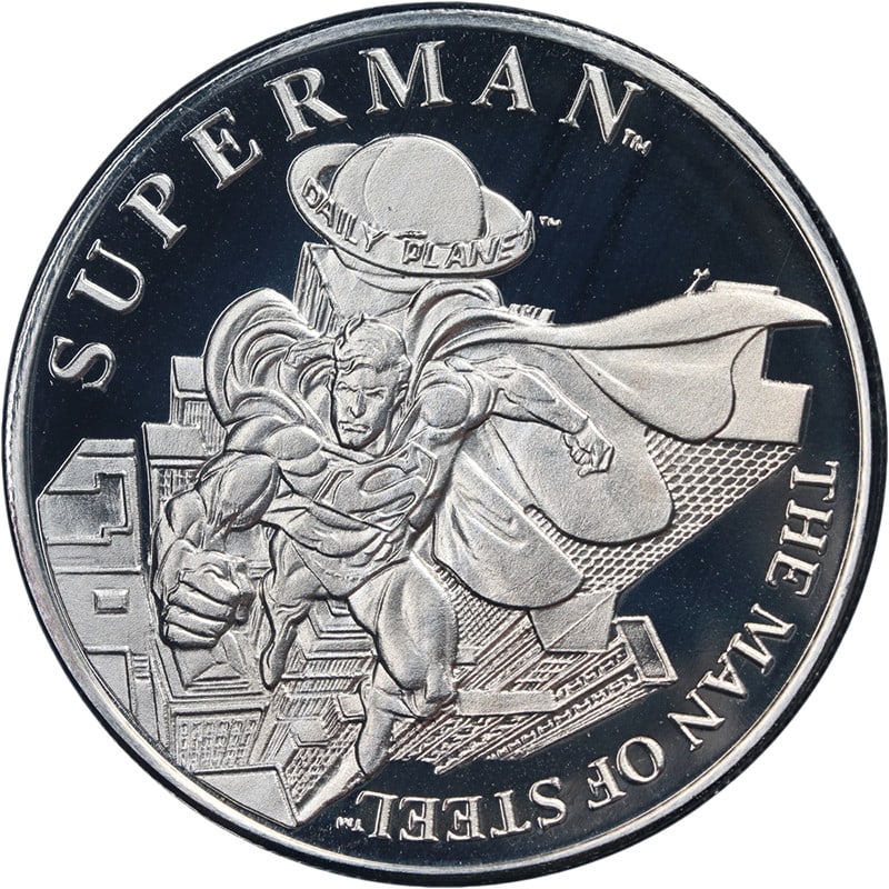 One Ounce .999 Silver Superman Round by Highland Mint in OGP: One Ounce .999 Silver Superman Round by Highland Mint in OGP This collectible DC Comics Superman vintage silver round is produced by Highland Mint and features 1 ounce of .999 fine silver. The round i