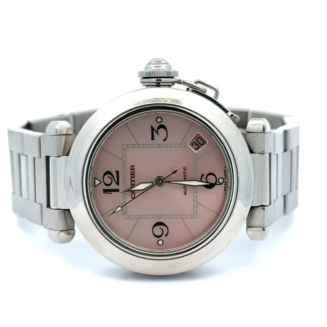 Cartier Pasha Automatic Salmon Pink Dial 35mm Stainless Steel Wristwatch Ref 565714LX: Cartier Pasha Automatic Salmon Pink Dial 35mm Stainless Steel Wristwatch Ref 565714LX Introducing the Pasha de Cartier Salmon Pink Dial 35mm Automatic Steel Wristwatch, a stunning blend of luxury and