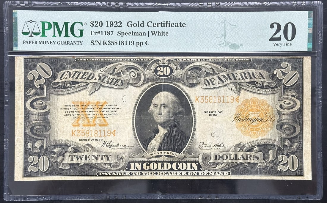 1922 $20 Gold Certificate Fr. 1187 PMG Certified VF20 (1 of 2)
