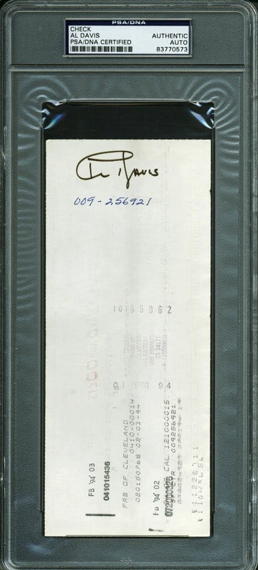 Al Davis Signed 3.5x8.35 Raiders Hall of Fame Check PSA/DNA: Al Davis Signed 3.5x8.35 Raiders Hall of Fame Check PSA/DNA This is a remarkable collectible featuring a 3.5x8.35 Pro Football Hall of Fame check personally signed by Al Davis, the legendary owner of