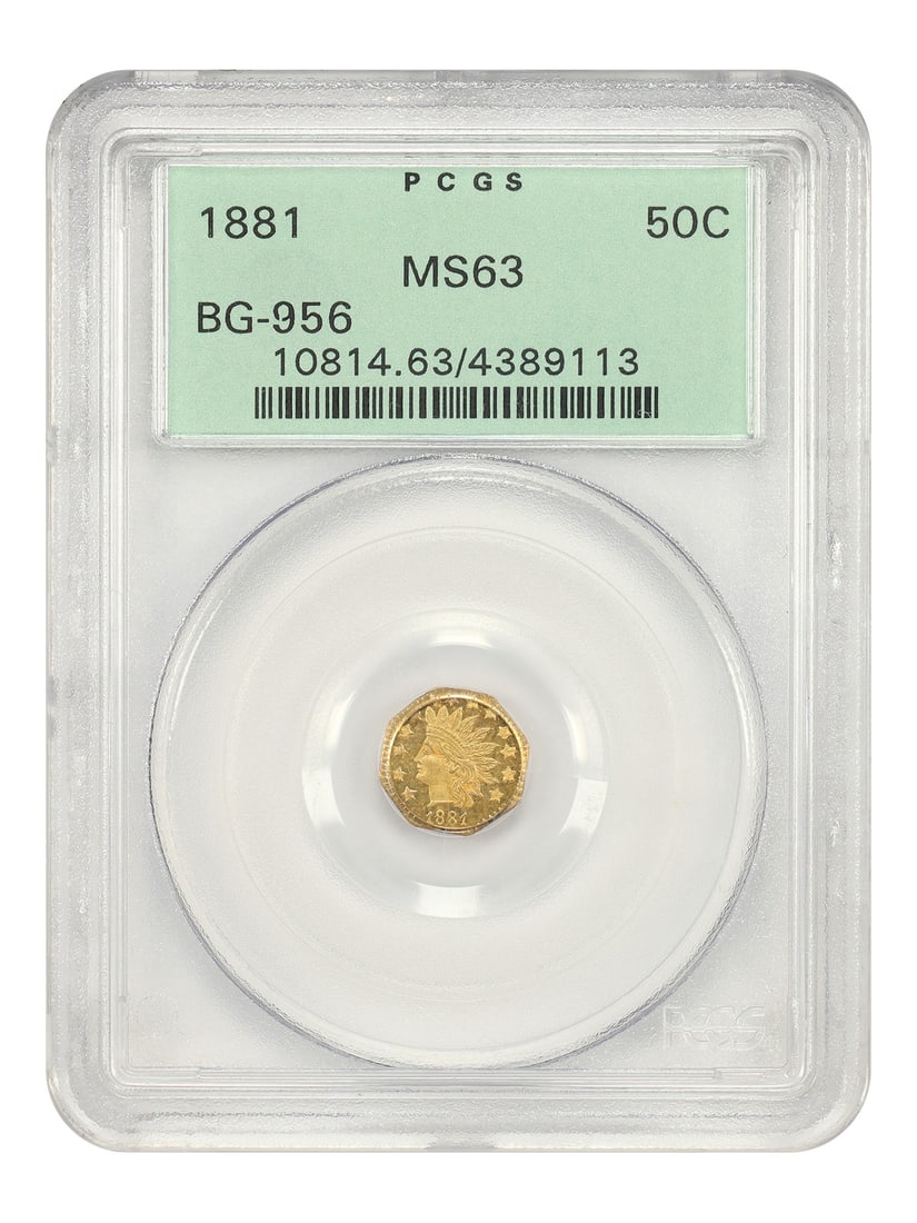 1881 California Fractional Gold 50 Cent Coin PCGS MS63 BG-956 OGH: 1881 California Fractional Gold 50 Cent Coin PCGS MS63 BG-956 OGH This 1881 California Fractional Gold 50 cent coin is graded MS63 by PCGS and is uncirculated. Featuring the BG-956 designation and str