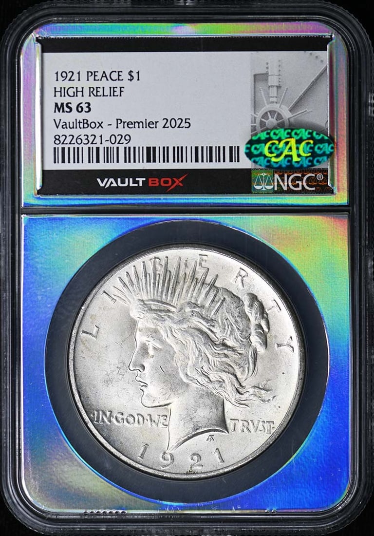 NGC MS63 CAC 1921 High Relief Peace Silver Dollar: NGC MS63 CAC 1921 High Relief Peace Silver Dollar This 1921 Peace Dollar features the high relief design and has been graded MS63 by NGC. The coin is uncirculated and has also received the CAC designa