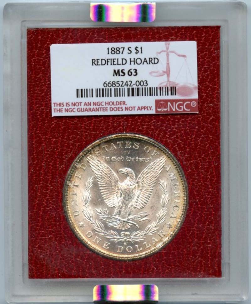 1887 S Morgan Silver Dollar NGC MS63 Redfield Hoard Uncirculated: 1887 S Morgan Silver Dollar NGC MS63 Redfield Hoard Uncirculated This 1887 S Morgan Silver Dollar is a remarkable find from the Redfield Hoard, certified by NGC with a grade of MS63, indicating its un