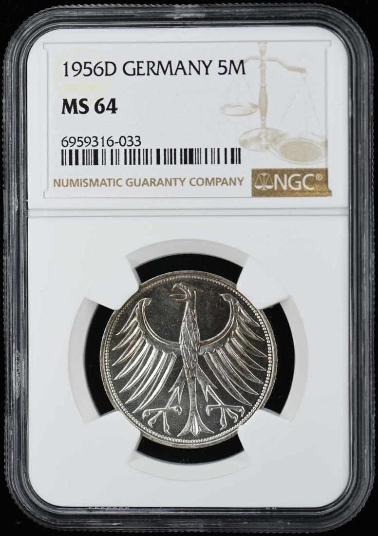 1956D Germany 5 Mark Coin NGC MS64 Uncirculated: 1956D Germany 5 Mark Coin NGC MS64 Uncirculated This stunning 1956D Germany 5 Mark coin is graded MS64 by NGC, ensuring its high quality and exceptional detail. The coin is classified as uncirculated,