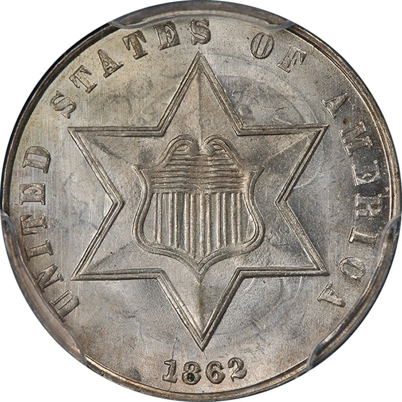 1862 Three Cent Silver Coin PCGS MS66+ CAC Blazing White Gem: 1862 Three Cent Silver Coin PCGS MS66+ CAC Blazing White Gem This stunning 1862/1 Three (3) Cent Silver coin is certified by PCGS with a grade of MS66+, featuring a CAC sticker for added assurance of
