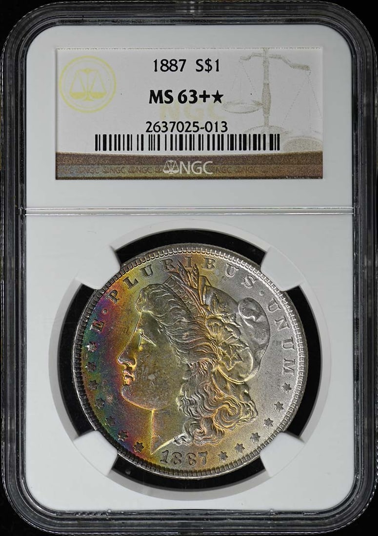 1887 Morgan Dollar NGC MS63+ Uncirculated Philadelphia Mint: 1887 Morgan Dollar NGC MS63+ Uncirculated Philadelphia Mint This stunning 1887 Morgan Dollar is certified by NGC with a grade of MS63+, indicating its uncirculated condition. Struck at the Philadelphi