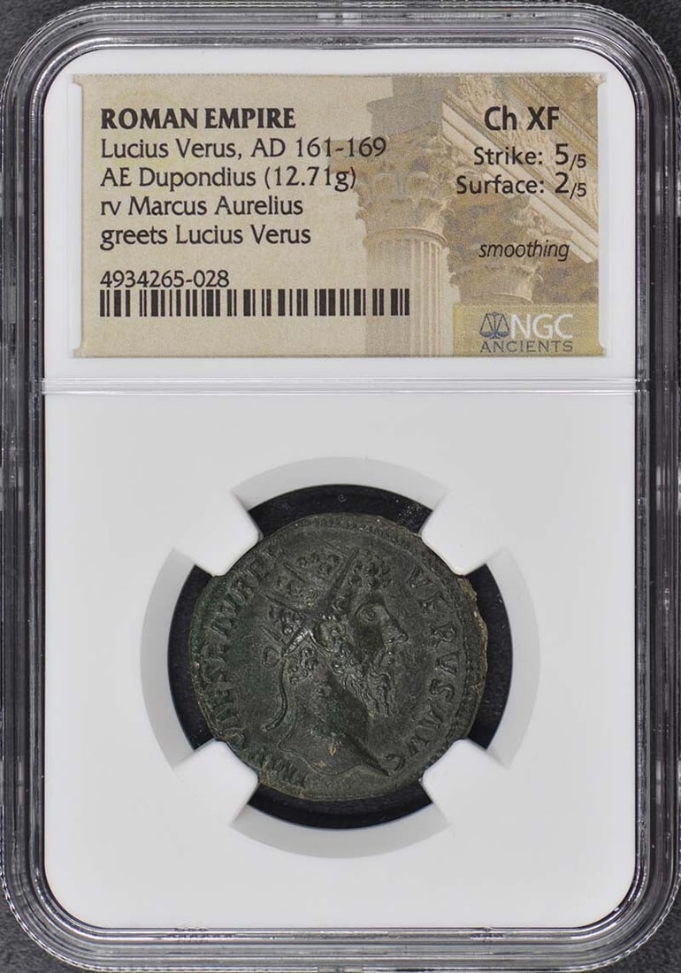 NGC XF45 graded AE Dupondius of Lucius Verus Roman Empire AD 161-169: NGC XF45 graded AE Dupondius of Lucius Verus Roman Empire AD 161-169 This is an Ancient Roman AE Dupondius coin from the reign of Lucius Verus, dating to AD 161-169. The coin has been certified by NGC
