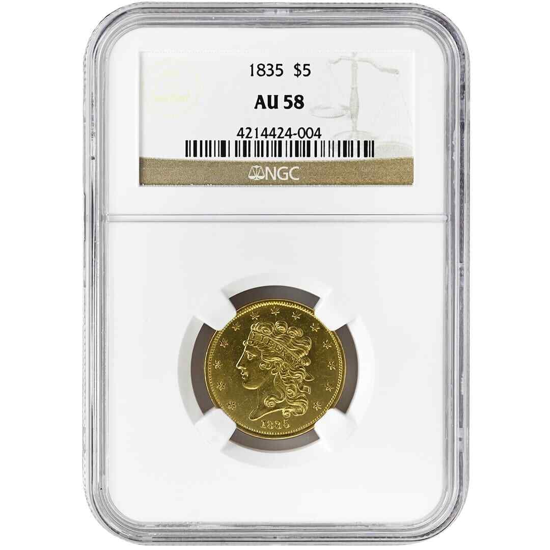 1835 $5 Classic Head Gold Coin NGC AU58 Philadelphia Pre-1933: 1835 $5 Classic Head Gold Coin NGC AU58 Philadelphia Pre-1933 This 1835 $5 Classic Head half eagle coin is graded AU58 by NGC and originates from the Philadelphia Mint. Struck in gold during the pre-1