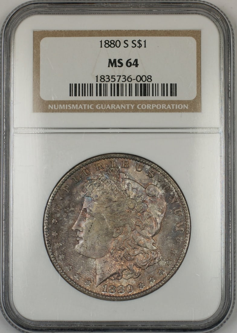 NGC MS64 1880-S Toned Morgan Silver Dollar San Francisco Mint: NGC MS64 1880-S Toned Morgan Silver Dollar San Francisco Mint This is an 1880-S Morgan Silver Dollar $1 coin from the United States, certified by NGC with a grade of MS 64. The coin is uncirculated an
