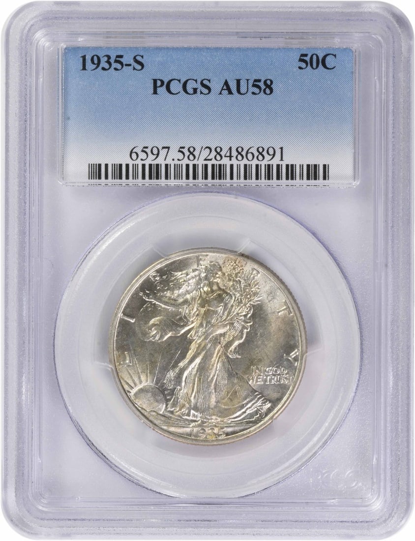 1935 San Francisco Walking Liberty Half Dollar PCGS AU58 Certified: 1935 San Francisco Walking Liberty Half Dollar PCGS AU58 Certified This 1935-S Walking Liberty Half Dollar is graded AU58 by PCGS. It features a composition of 90% silver and 10% copper, with a denomi