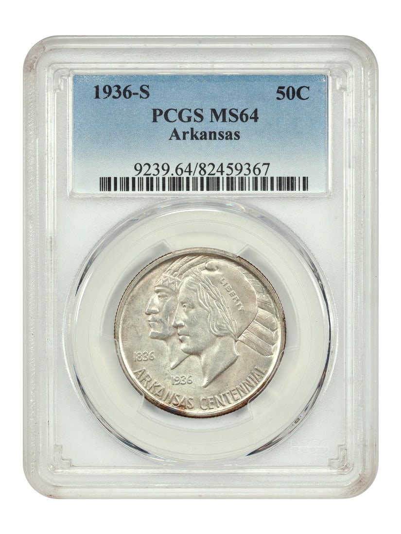 1936-S Arkansas 50C PCGS MS64 Classic Silver Commemorative Low Mintage: 1936-S Arkansas 50C PCGS MS64 Classic Silver Commemorative Low Mintage This 1936-S 50C Arkansas coin is a stunning example of a Classic Silver Commemorative, celebrating the 100th anniversary of Arkan