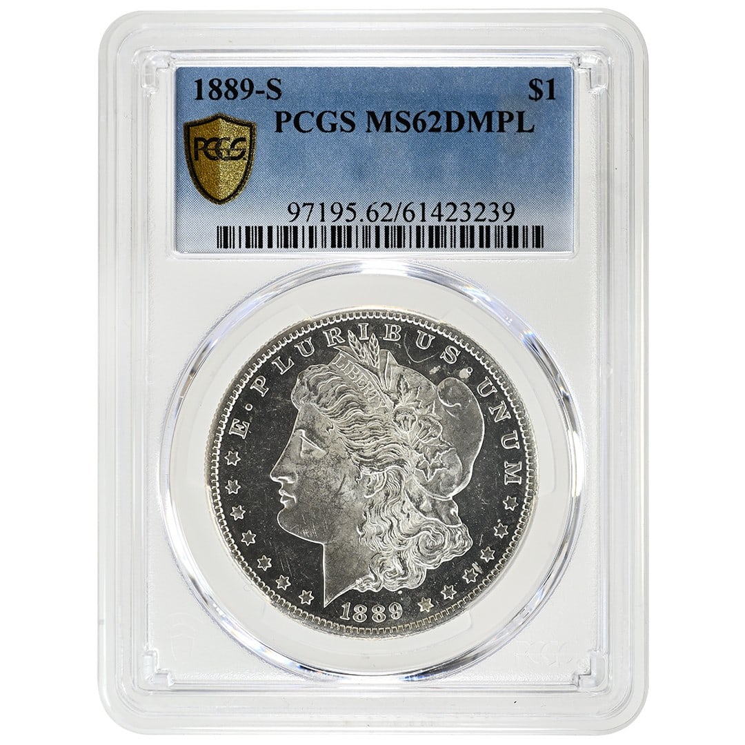 PCGS MS62DMPL 1889-S Morgan Silver Dollar San Francisco Mint: PCGS MS62DMPL 1889-S Morgan Silver Dollar San Francisco Mint This 1889-S Morgan Dollar is a rare collectible coin from the United States, minted in San Francisco. Certified by PCGS with a grade of MS6